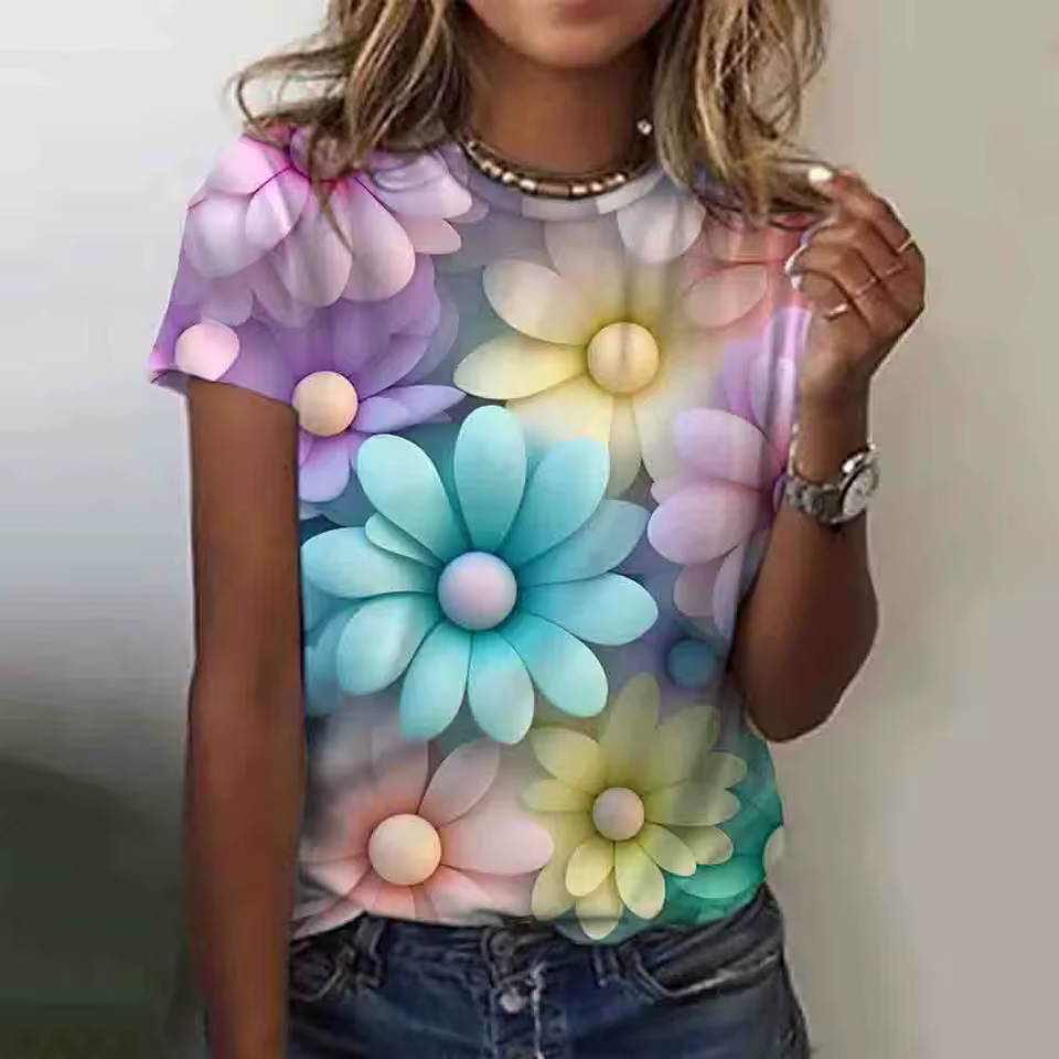 Casual 3d Floral Printing High Stretch Tees T-Shirts