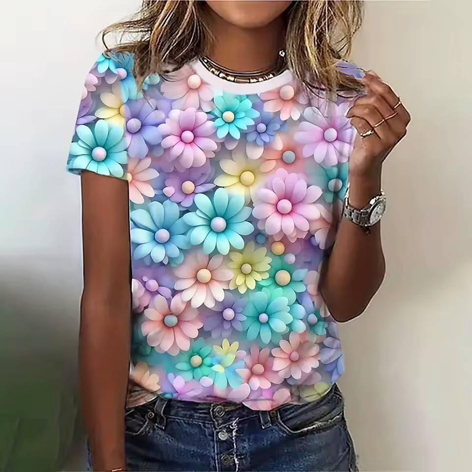 Casual 3d Floral Printing Oversized Pullover Tees Tops