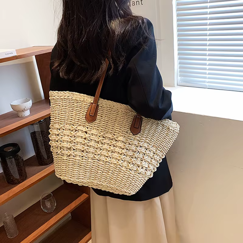 Casual Bohemian Shoulder Weave Cell Phone Pocket Tote Straw Handbags