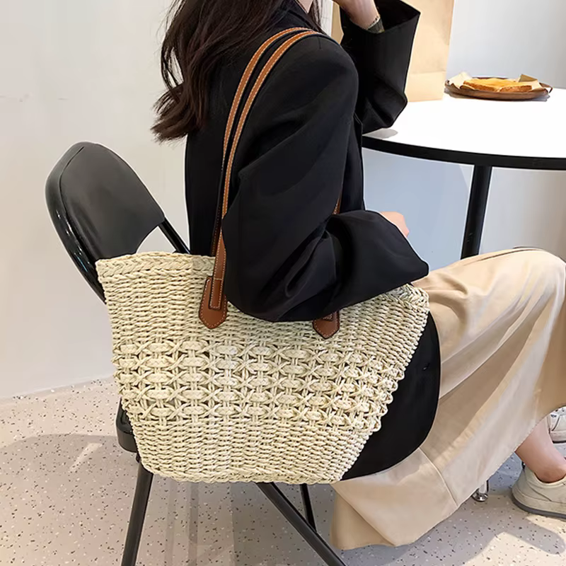 Casual Bohemian Shoulder Weave Cell Phone Pocket Tote Straw Handbags - Image 2