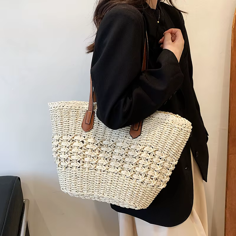 Casual Bohemian Shoulder Weave Cell Phone Pocket Tote Straw Handbags - Image 3