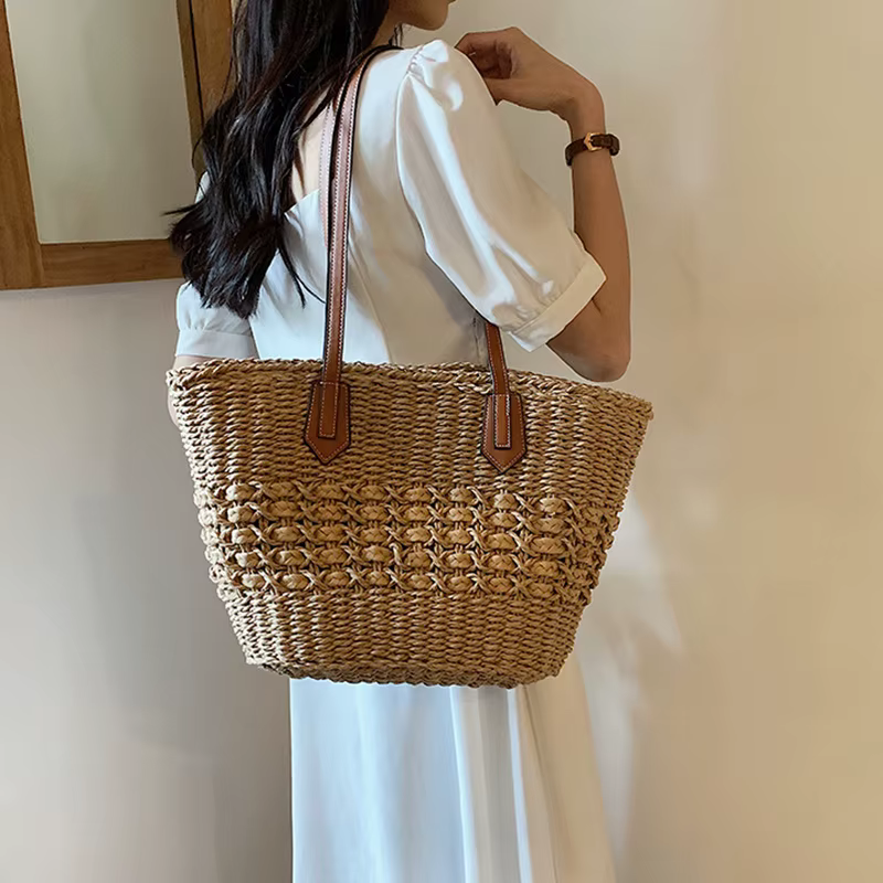 Casual Bohemian Shoulder Weave Cell Phone Pocket Tote Straw Handbags - Image 4