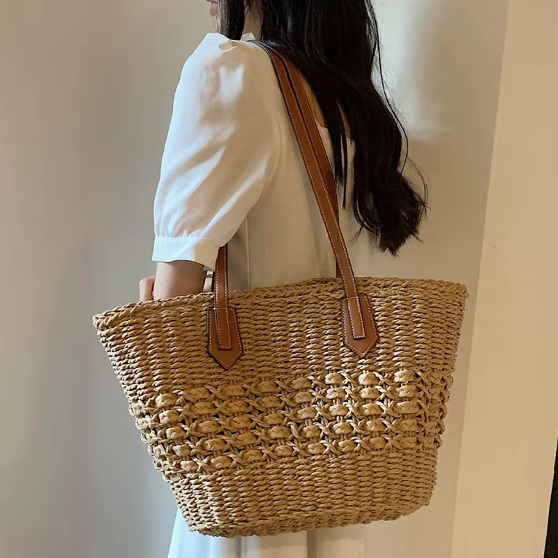 Casual Bohemian Shoulder Weave Cell Phone Pocket Tote Straw Handbags - Image 5
