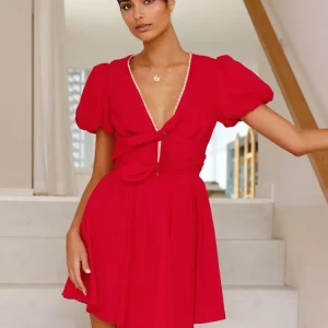 Casual Bow Front V-neck Zipper A-line Puff Sleeves Mini Dress