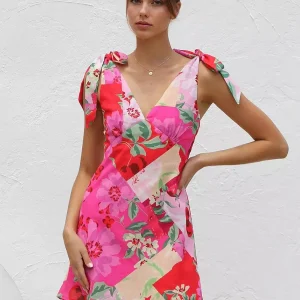 Casual Bow Zipper Shoulder Sleeveless Floral Mini Dress