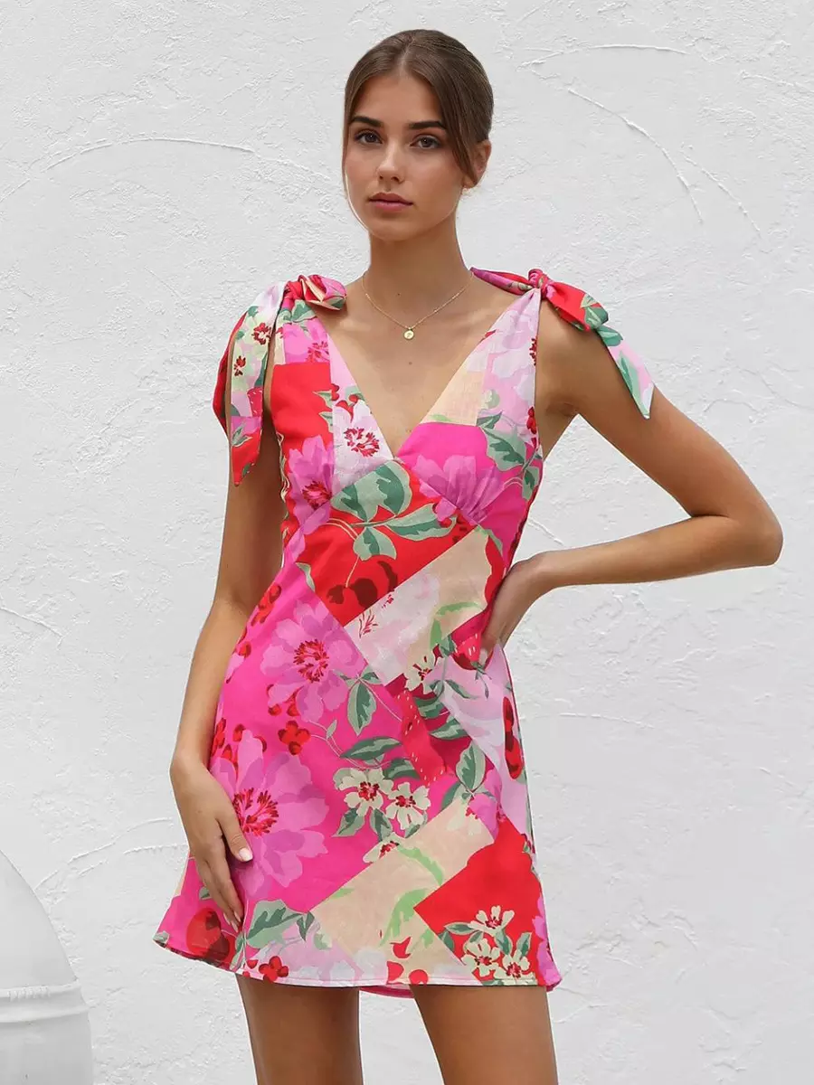 Casual Bow Zipper Shoulder Sleeveless Floral Mini Dress