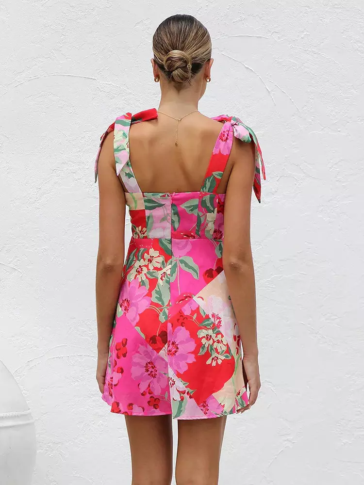 Casual Bow Zipper Shoulder Sleeveless Floral Mini Dress - Image 5