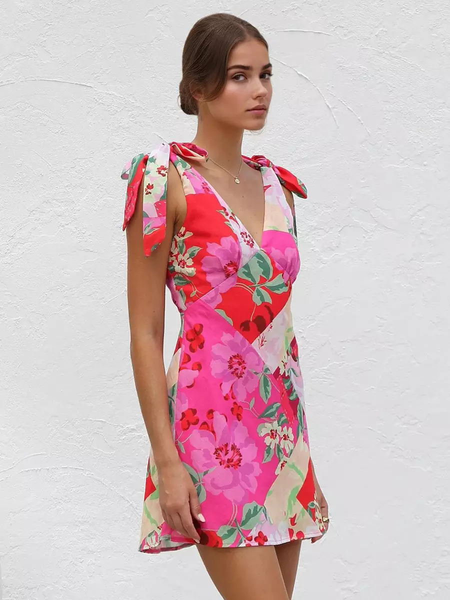 Casual Bow Zipper Shoulder Sleeveless Floral Mini Dress - Image 2