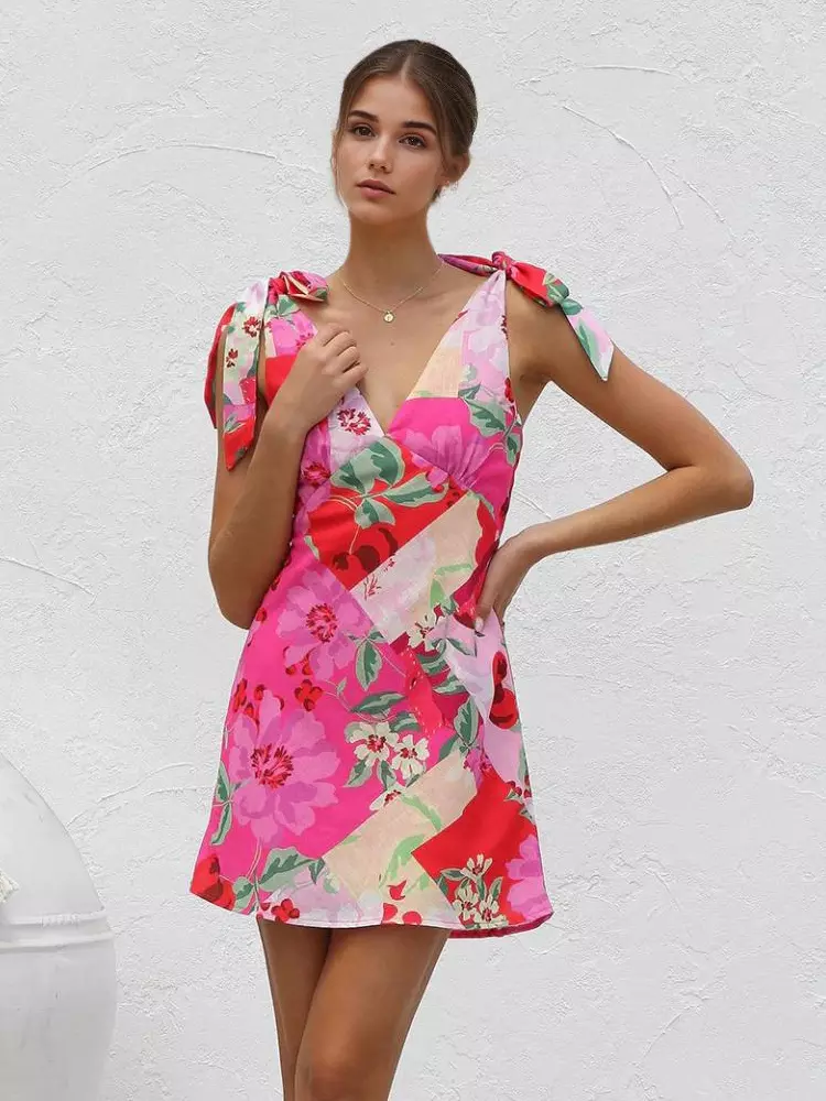Casual Bow Zipper Shoulder Sleeveless Floral Mini Dress - Image 3
