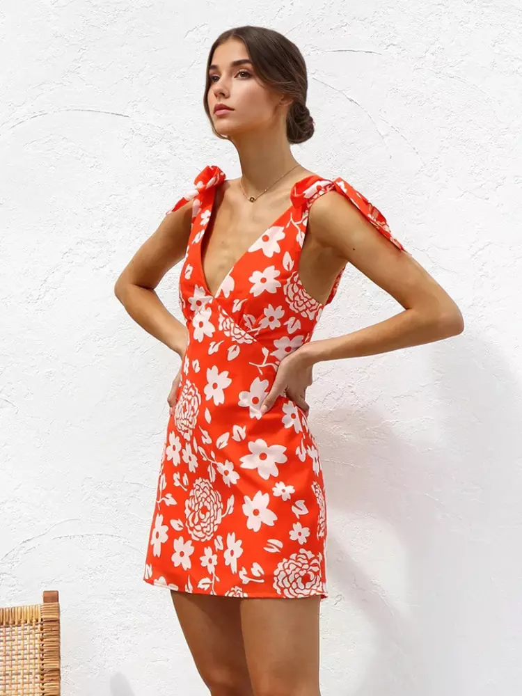 Elegant Floral Print Backless Sleeveless Mini Dress - Image 3