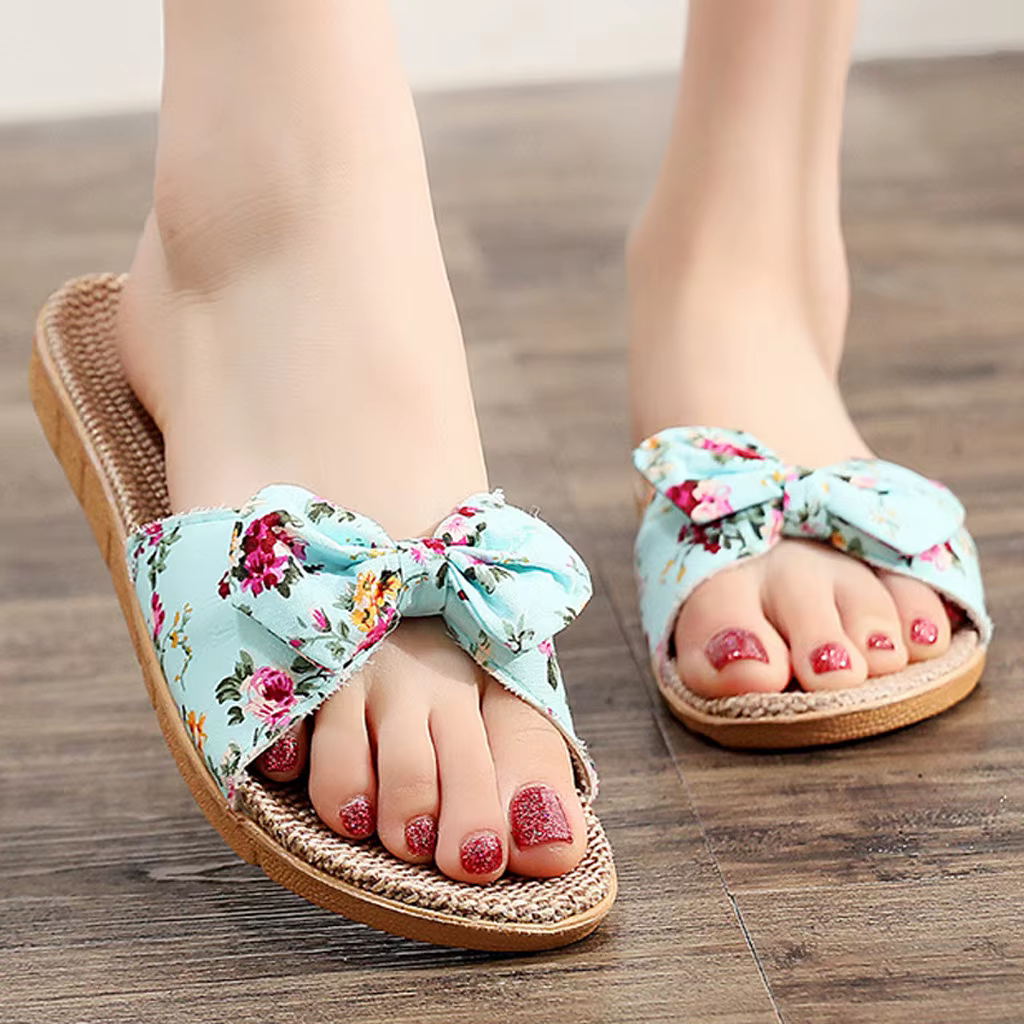 Casual Bowknot Sweet Flax Beach Linen Slippers Shower Quick Drying Leisure Comfy Slippers