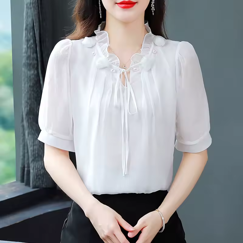 Casual Chiffon Blouse Petal Collar Short Sleeve Bow tie Loose Shirt