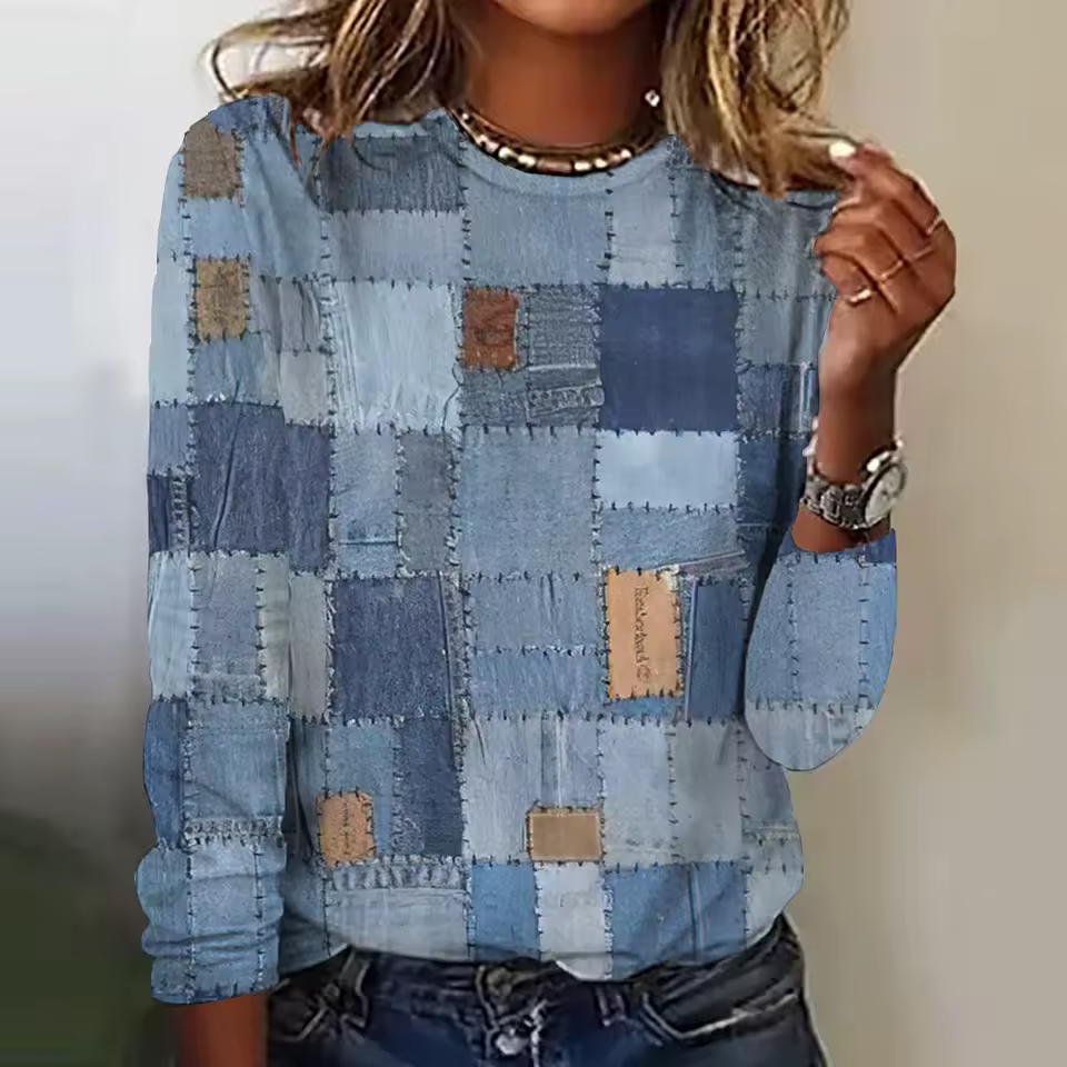 Casual Cowboys Pullover Splicing Print Long Sleeves T-shirts