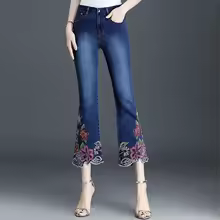 Casual Cropped Denim Trousers Embroidery Flowers Flare Jeans