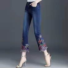 Casual Cropped Denim Trousers Embroidery Flowers Flare Jeans - Image 2