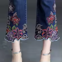 Casual Cropped Denim Trousers Embroidery Flowers Flare Jeans - Image 5