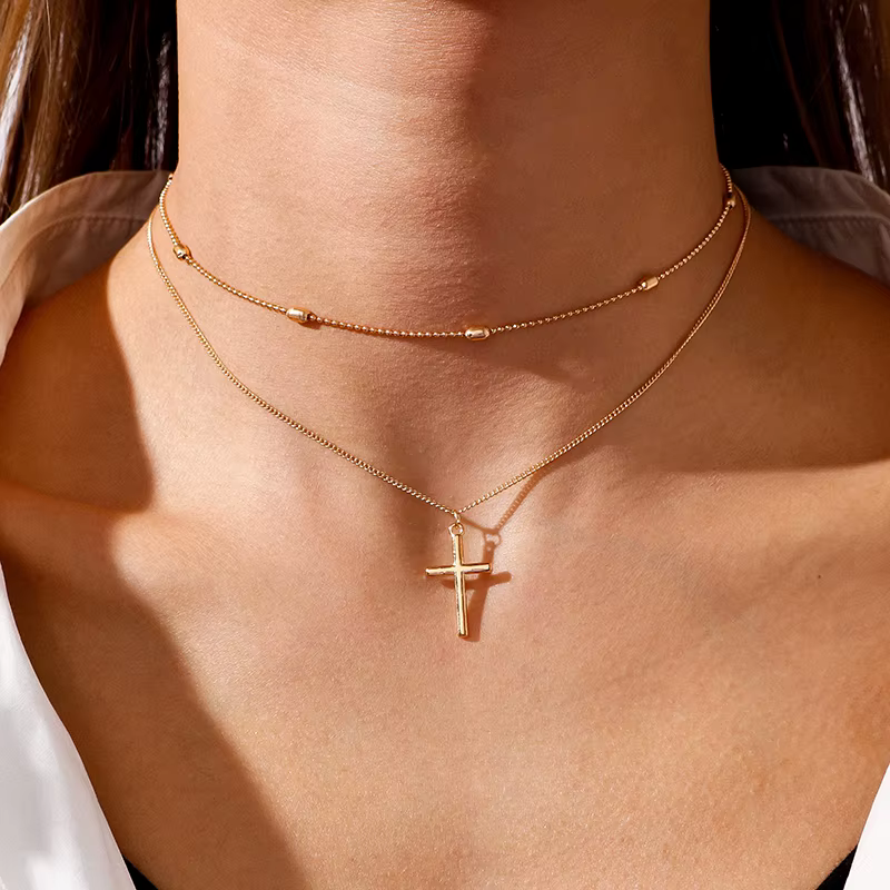 Casual Cross Pendants Multilayered Oval Beads Chain Necklace