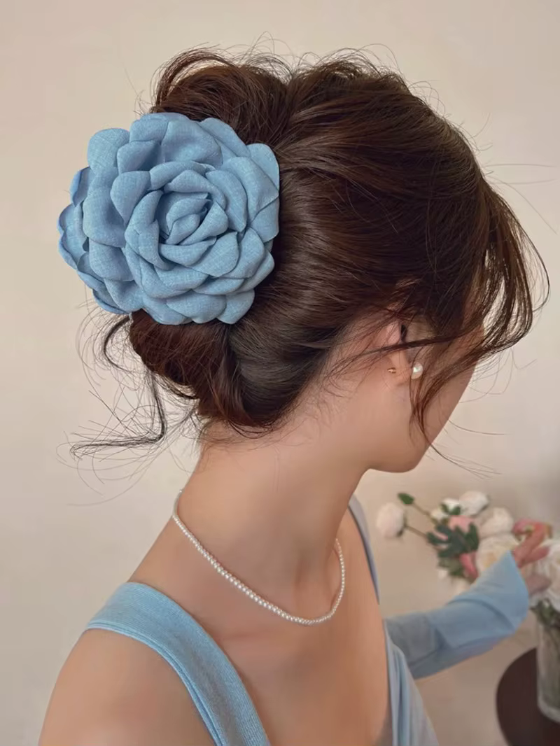 Casual Ctach Shark Clamp Cotton Fabric Rose Flower Hair Claw Clips