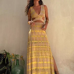 Casual Cutout Waist V-neck Open Back Boho Tie-Dye Maxi Slit Dress