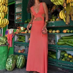 Elegant V-neck Cut-Outs Open Back Sleeveless Maxi Slit Dress