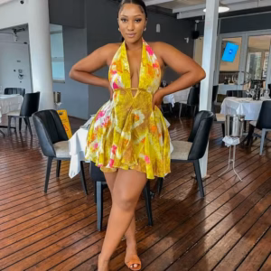 Casual Deep V-Neck Backless Skinny Printed Halter Clubwear Mini Dress