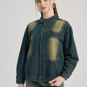 Casual Denim Round Neck Vintage Long Sleeve Denim Jacket