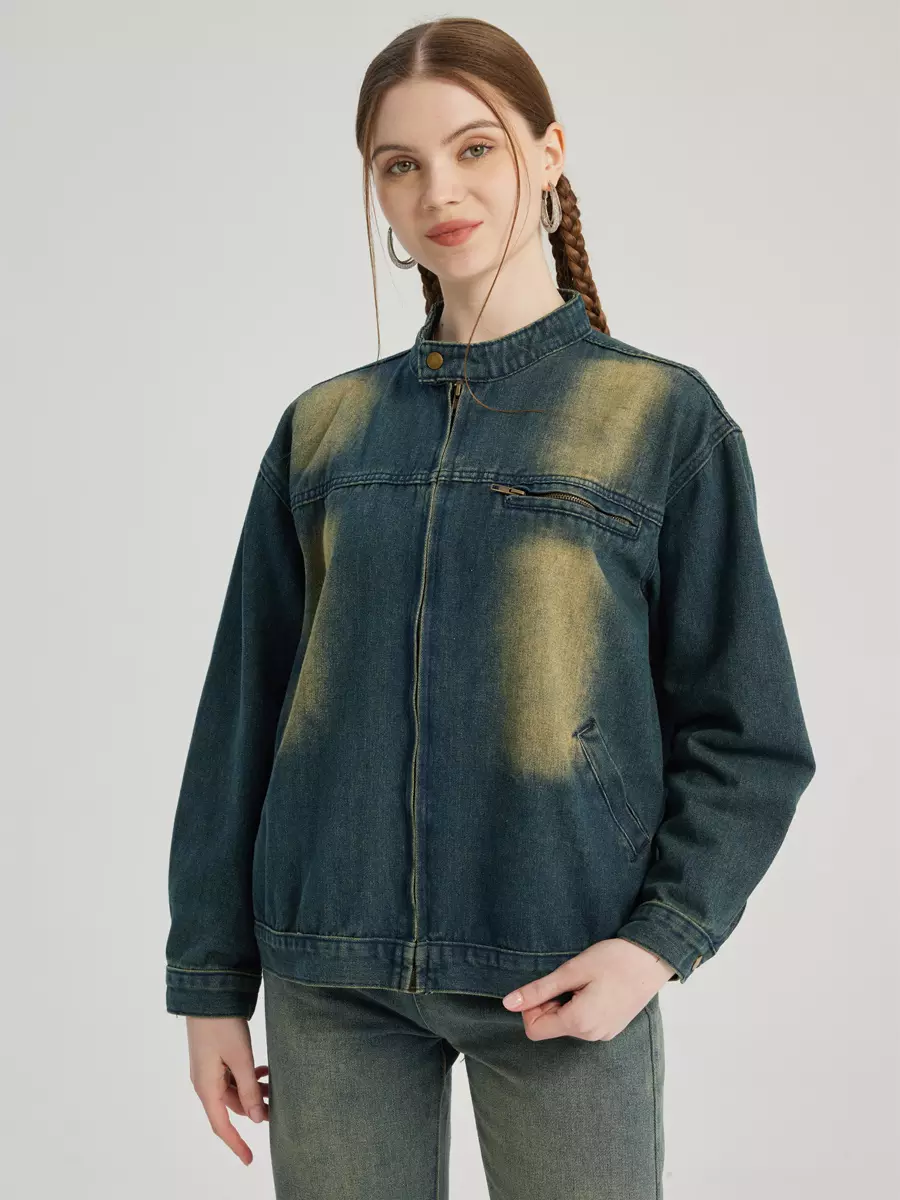 Casual Denim Round Neck Vintage Long Sleeve Denim Jacket