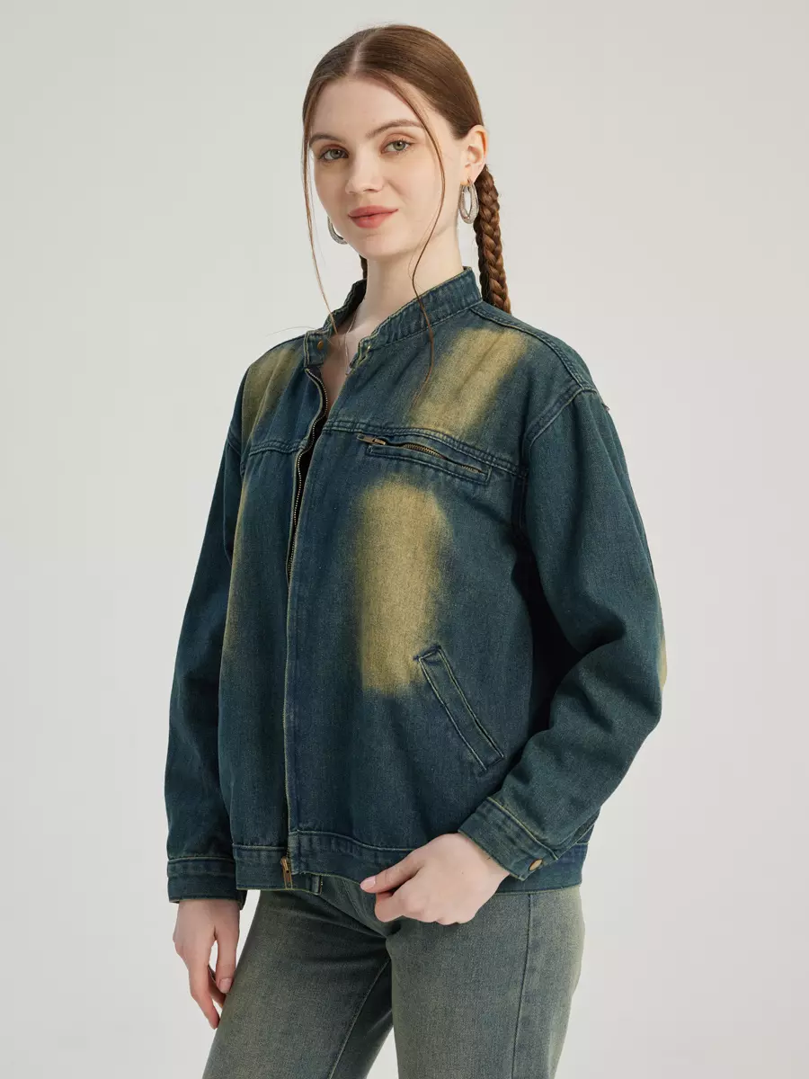 Casual Denim Round Neck Vintage Long Sleeve Denim Jacket - Image 2