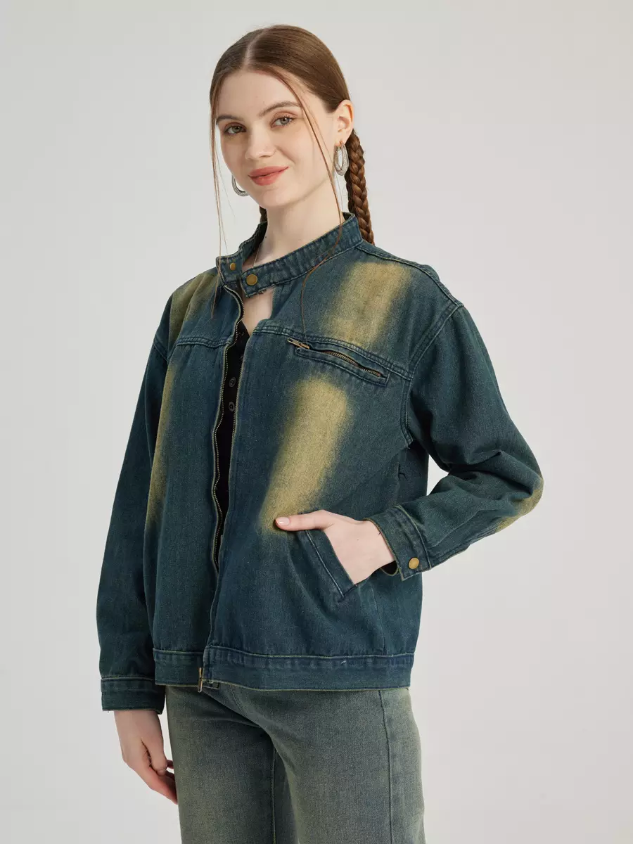 Casual Denim Round Neck Vintage Long Sleeve Denim Jacket - Image 3