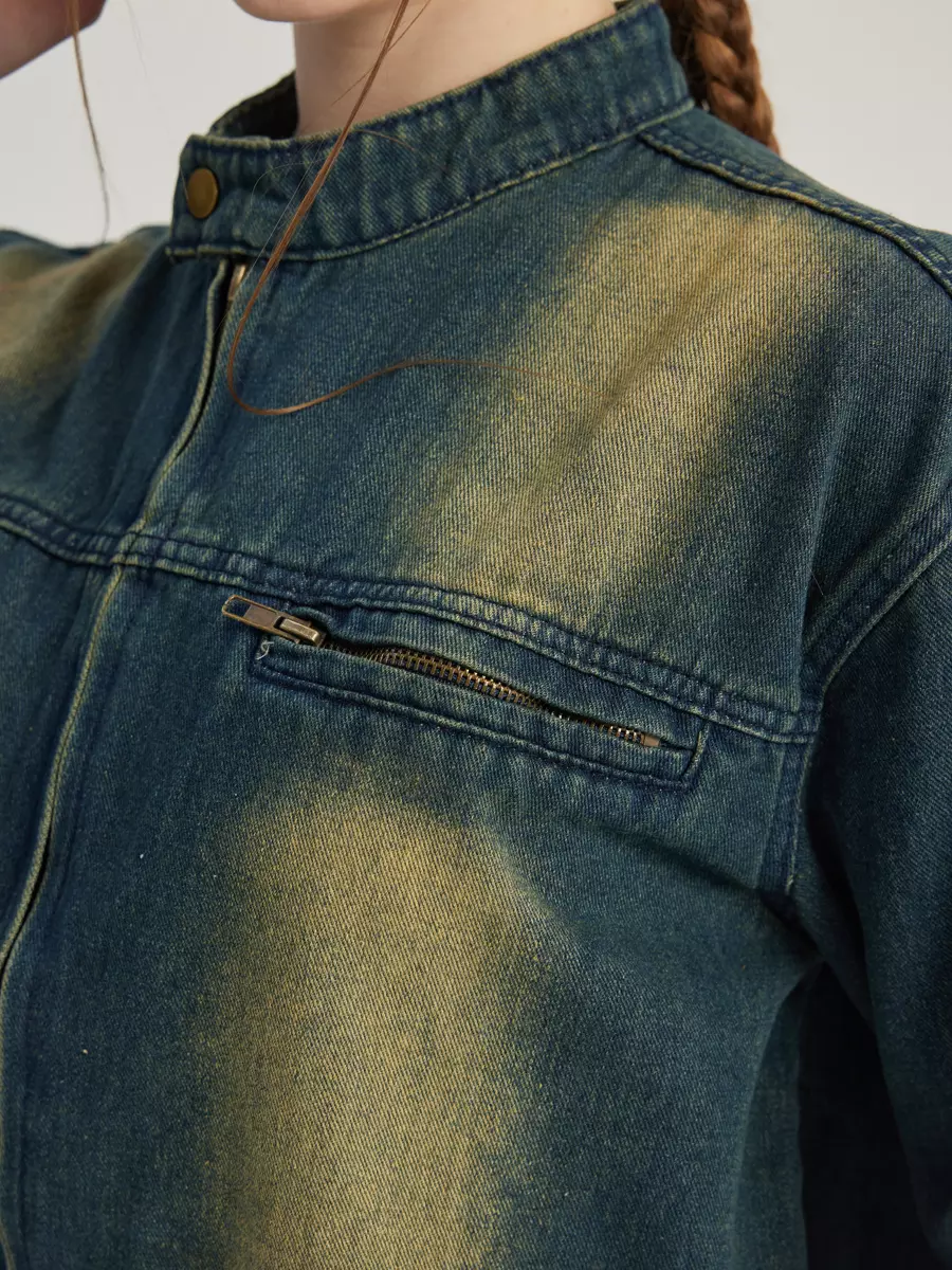 Casual Denim Round Neck Vintage Long Sleeve Denim Jacket - Image 4