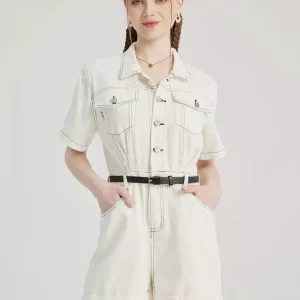Casual Denim Solid Color Buttons Short Sleeve Jumpsuit