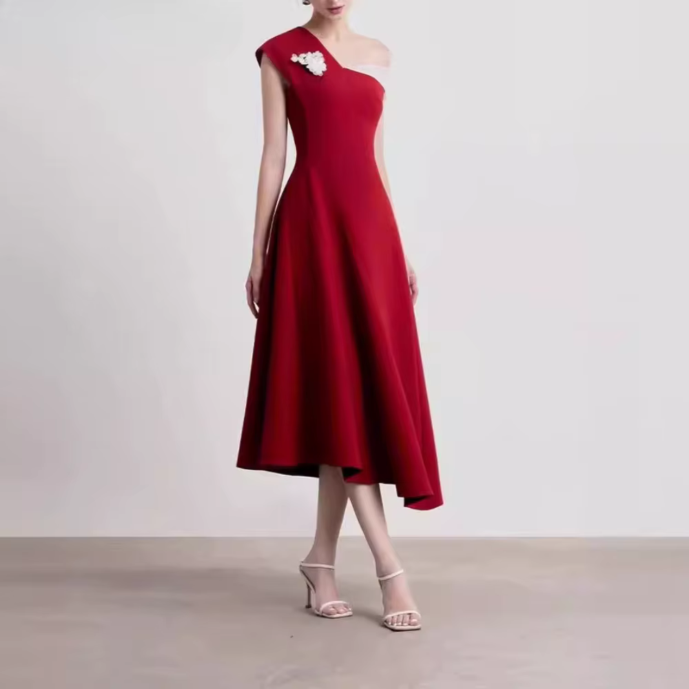 Casual Diagonal Neck Sleeveless Patchwork Folds Irregular Solid Decoration Midi Dress