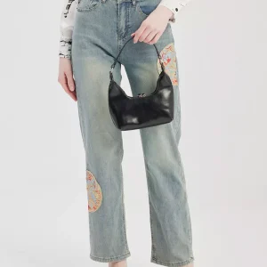 Casual Embroidery Applique Cropped Straight Jeans