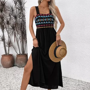 Casual Ethnic Embroidery High Waist Sleeveless Maxi Dress