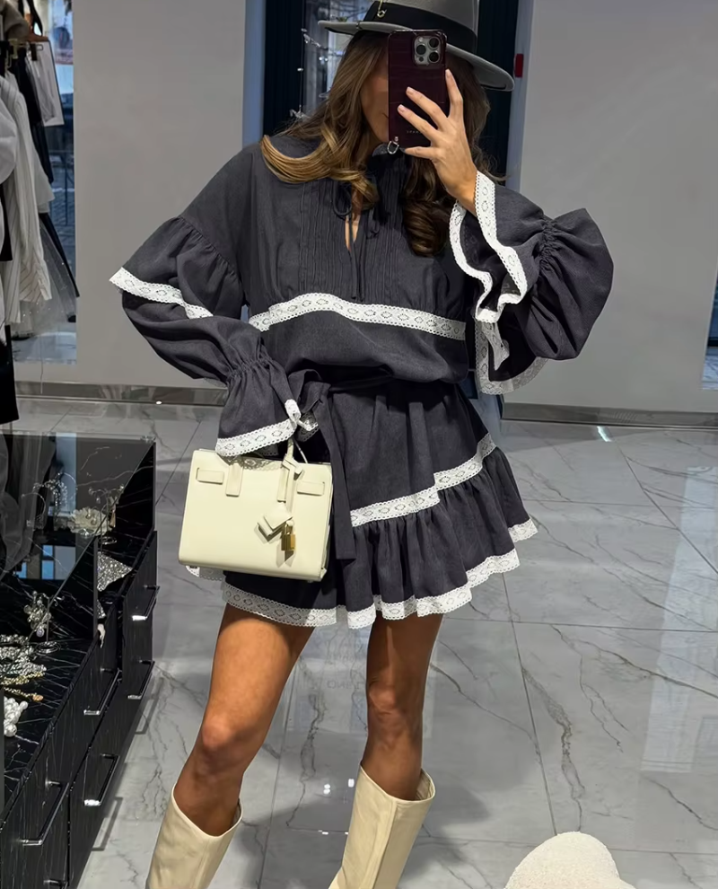 Casual Fashion Loose Stand Collar Long Sleeve Elegant Classic Pleated Mini Dresses - Image 4