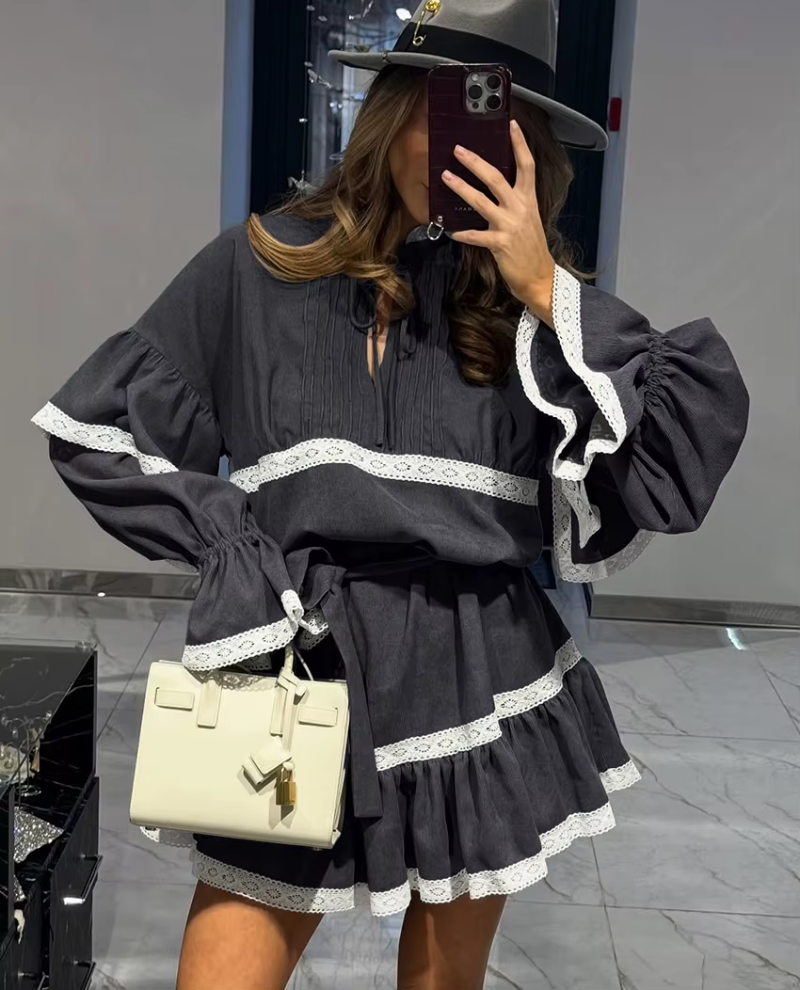 Casual Fashion Loose Stand Collar Long Sleeve Elegant Classic Pleated Mini Dresses - Image 3