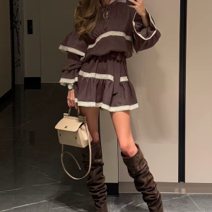 Casual Fashion Loose Stand Collar Long Sleeve Elegant Classic Pleated Mini Dresses