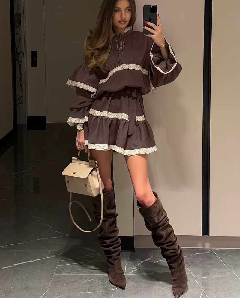 Casual Fashion Loose Stand Collar Long Sleeve Elegant Classic Pleated Mini Dresses