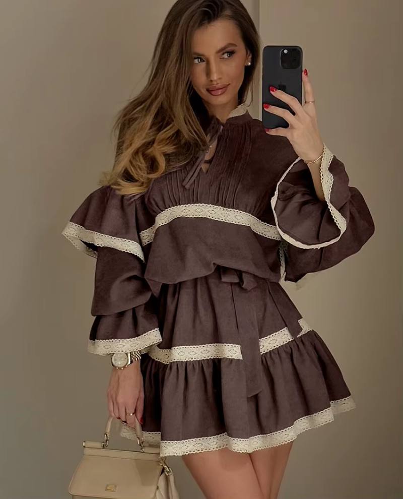 Casual Fashion Loose Stand Collar Long Sleeve Elegant Classic Pleated Mini Dresses - Image 2