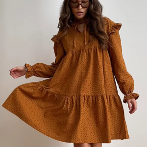 Casual Fashion Print Stand Collar Long Sleeve Loose Classic Lace-Up Mini Dresses