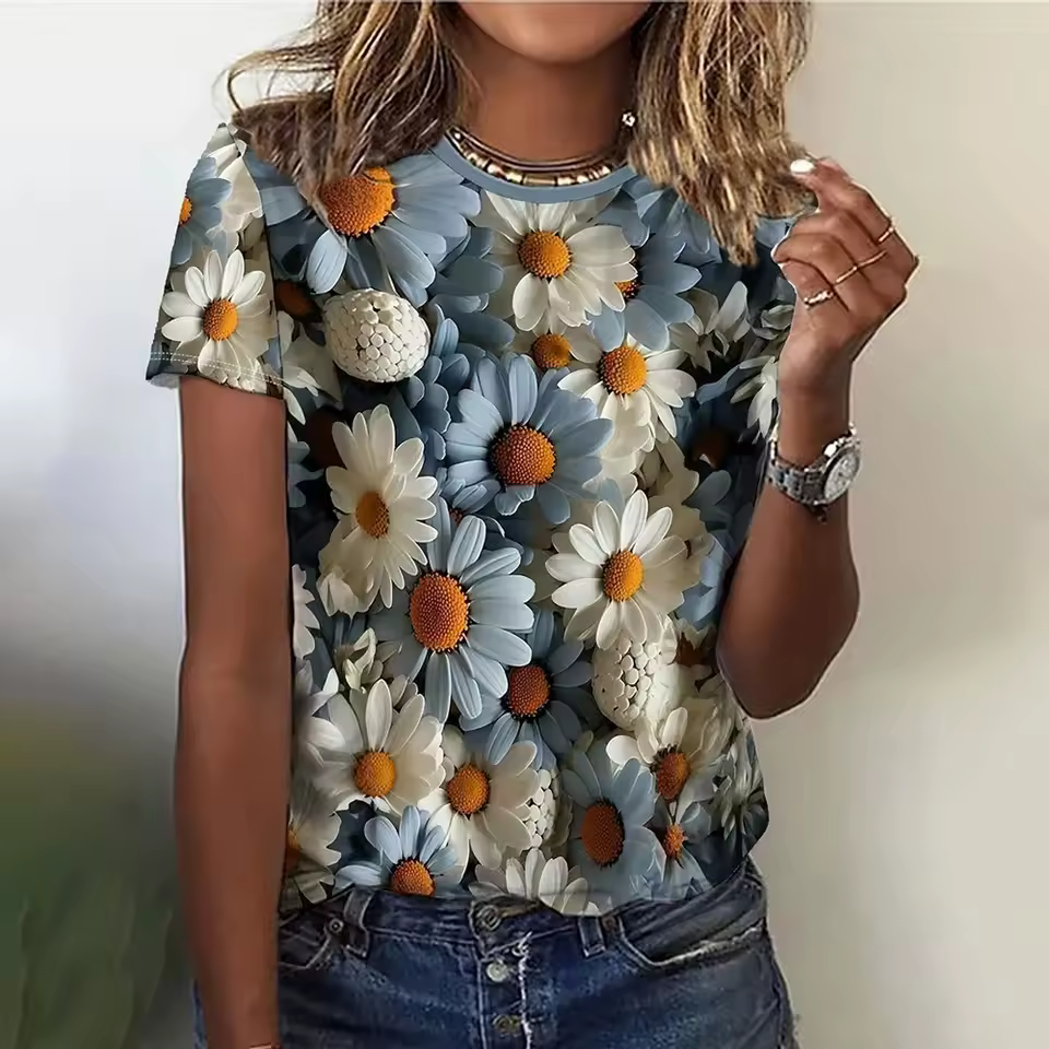 Casual Floral Basic Print Oversized Pullover T Shirt