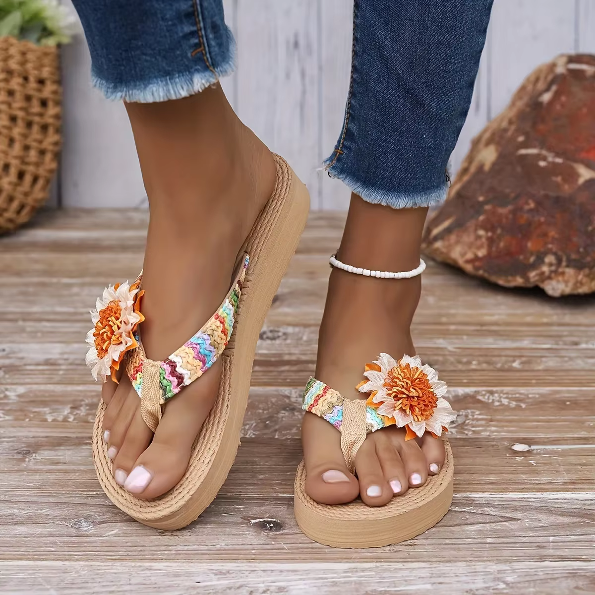 Casual Floral Decor Flip Flops Slip On Colorful Knitted Comfy Platform Slides