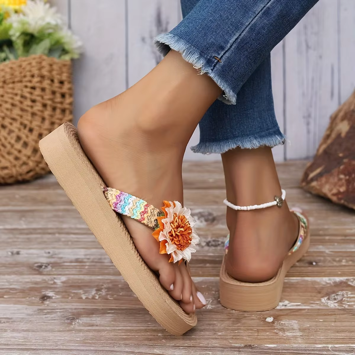 Casual Floral Decor Flip Flops Slip On Colorful Knitted Comfy Platform Slides - Image 6