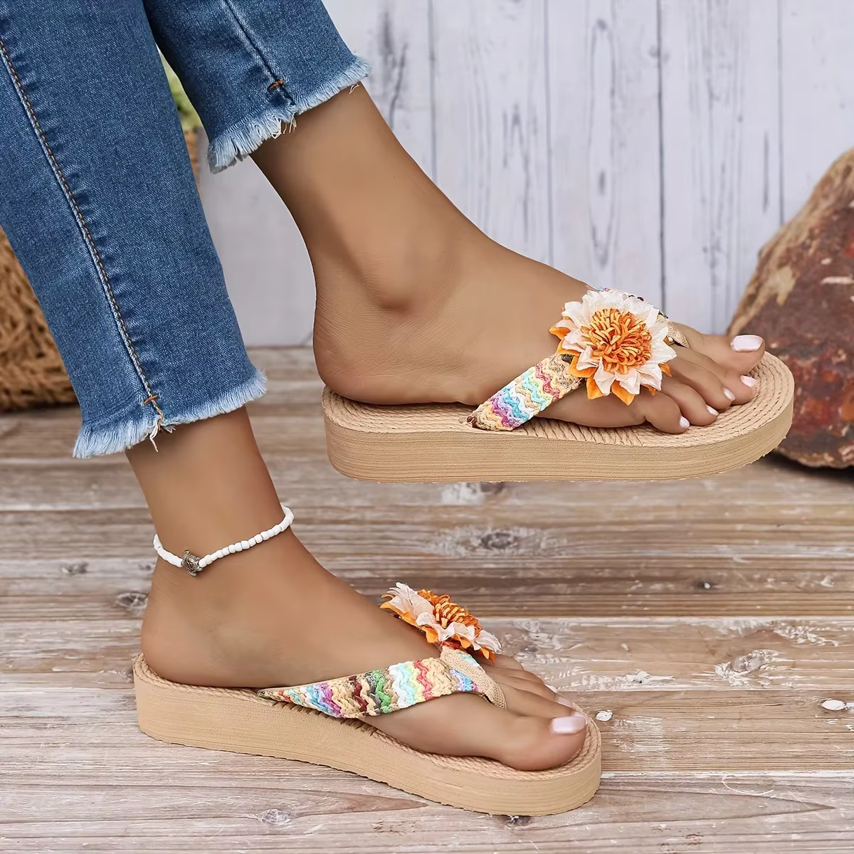 Casual Floral Decor Flip Flops Slip On Colorful Knitted Comfy Platform Slides - Image 4