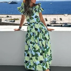 Casual Floral Printed Off- Shoulder Ruffle And Long Skirt Set One-piece Swimsuit