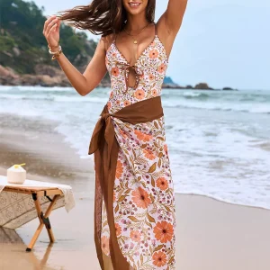 Trendy Floral V-neck One-piece Swimsuit And Sarong Cover-up Set