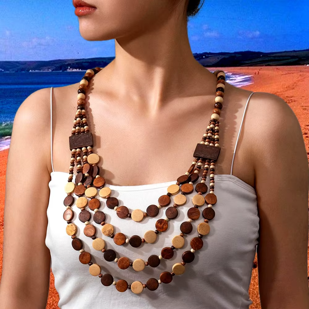 Casual Geometric Round Wooden Beaded Chokers Necklace