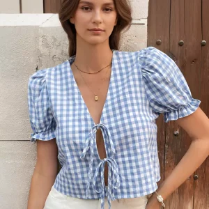 Casual Gingham In Tie Front V-neck Puff Sleeves Cropped Top