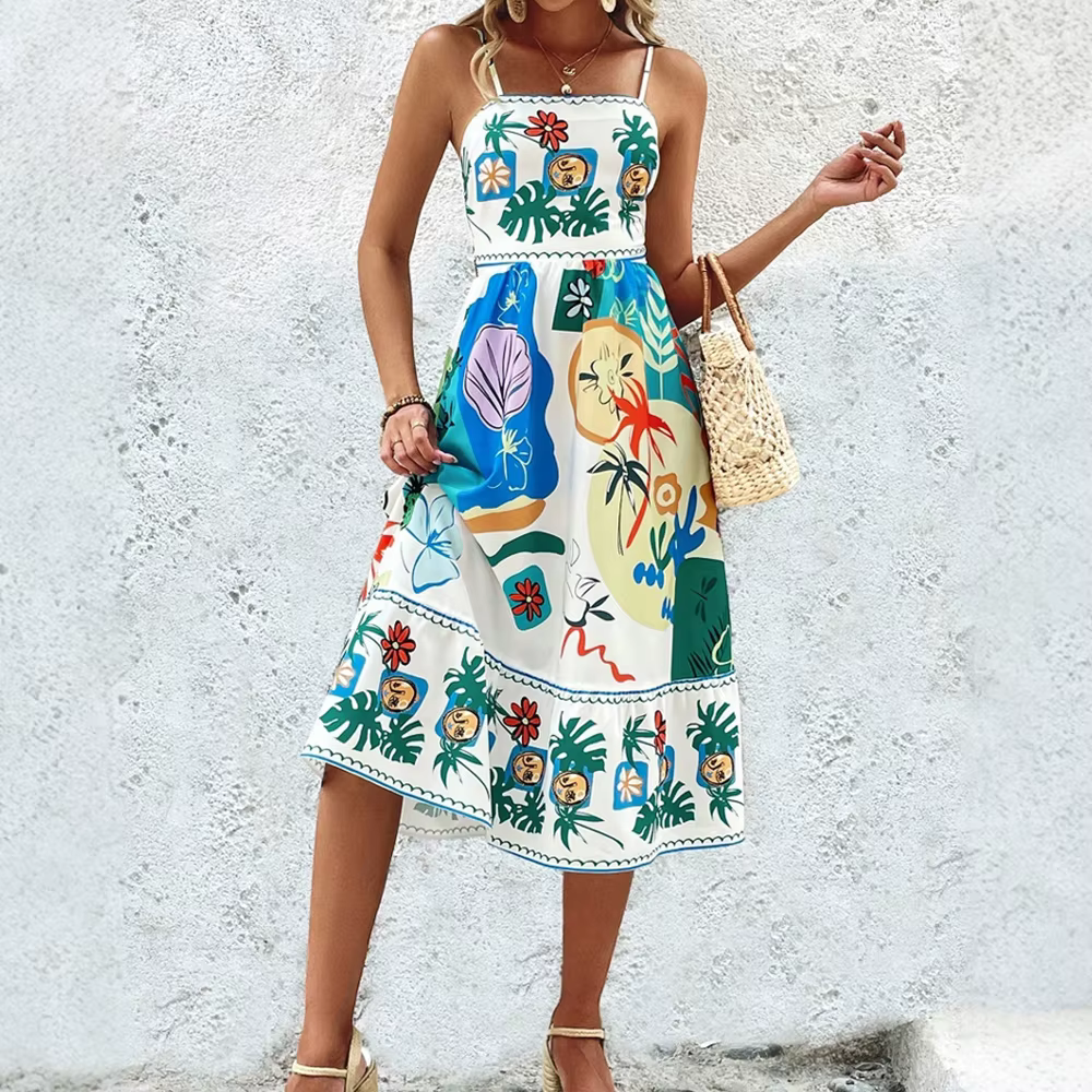 Casual Graphic Print Fit and Flare Sleeveless Square Neck Midi Dresses - Image 4