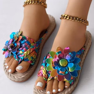 Casual Holographic Braided Floral Pattern Toe Post Beach Flip Flops
